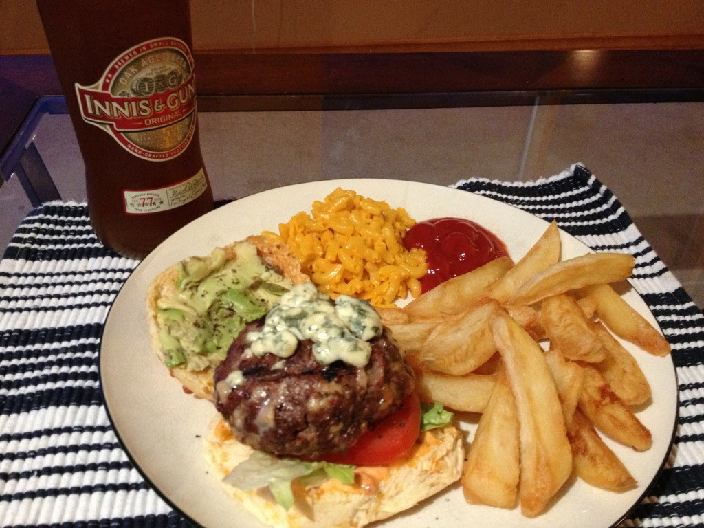 Double Cheese Jalapeno Moose Burger with home made triple cooked fries.
