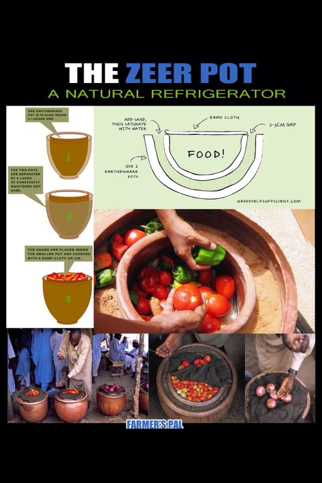 Zeer Pot Fridge. The refrigerator consists of one earthenware pot nestled inside a second larger pot, with a layer of sand in between. It works by evaporative cooling.