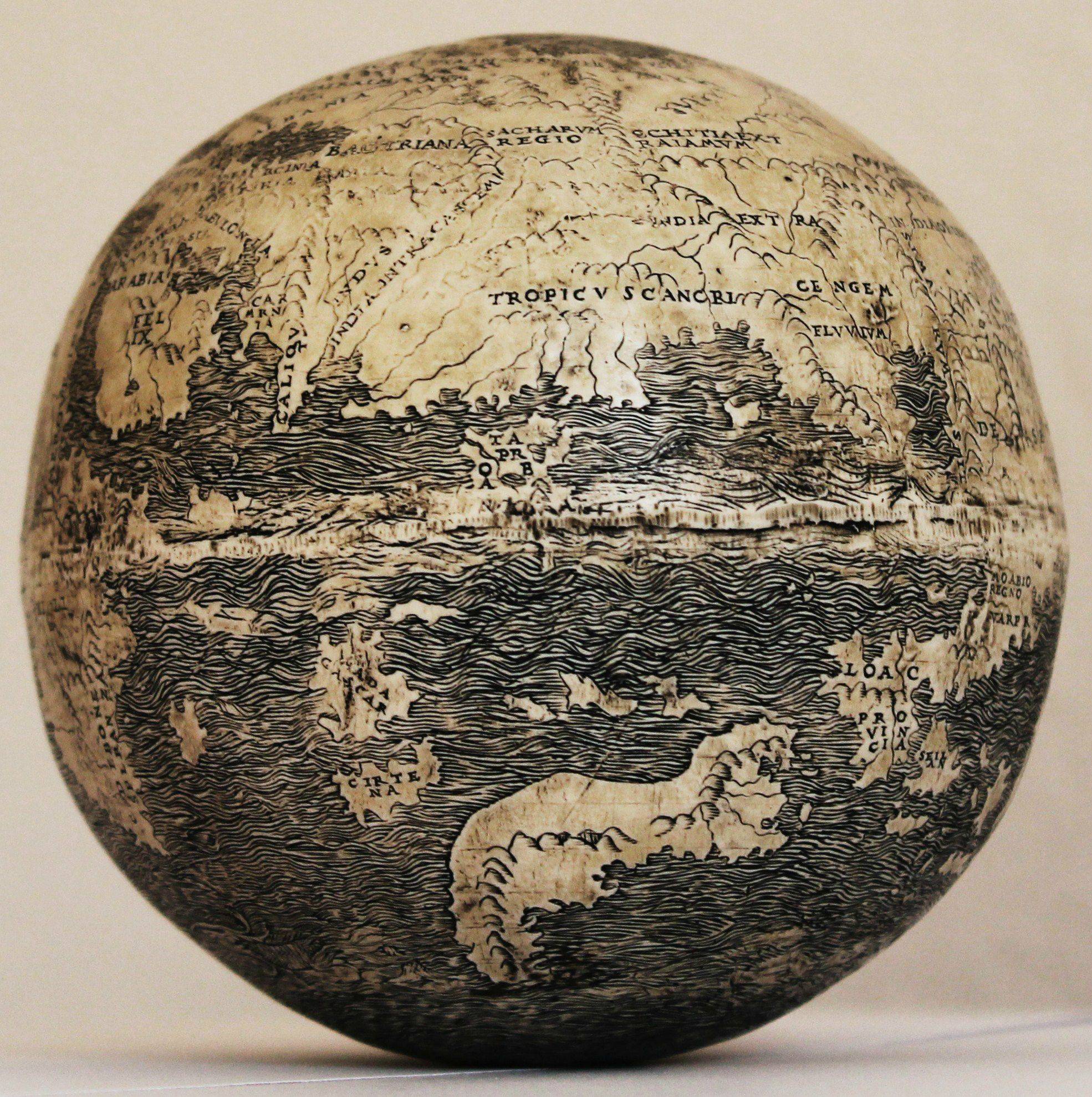 Oldest map of the New World, C.1504 AD, engraved on a 500 year old ostrich 
egg.