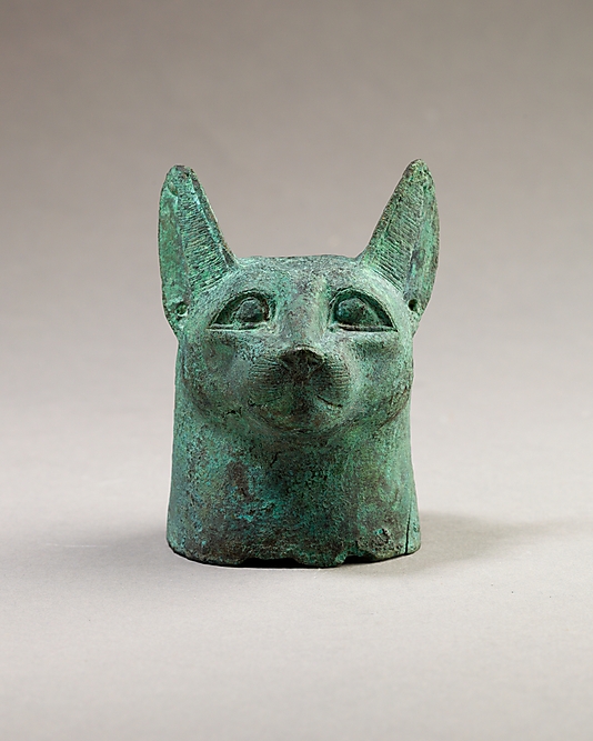 Head of a cat from the Late Period–Ptolemaic Period in Egypt, this one was 
made of copper alloy.