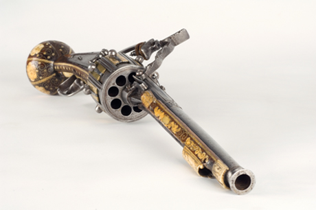 The world's oldest known revolver was made in 1597 by Hans Stopler in Nüremberg. Flintlock mechanism, 8 shots. 
