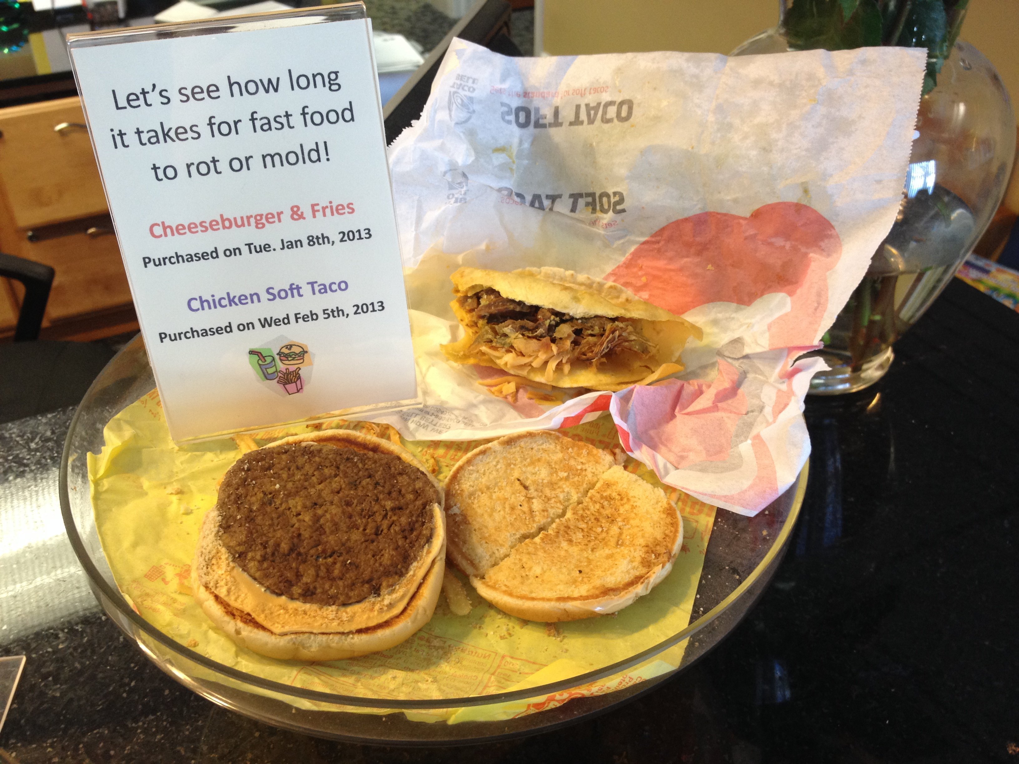 Jessica Freed has been saving a Taco Bell chicken taco and McDonald's cheeseburger with fries for two years, and none of the items have appeared to rot. 