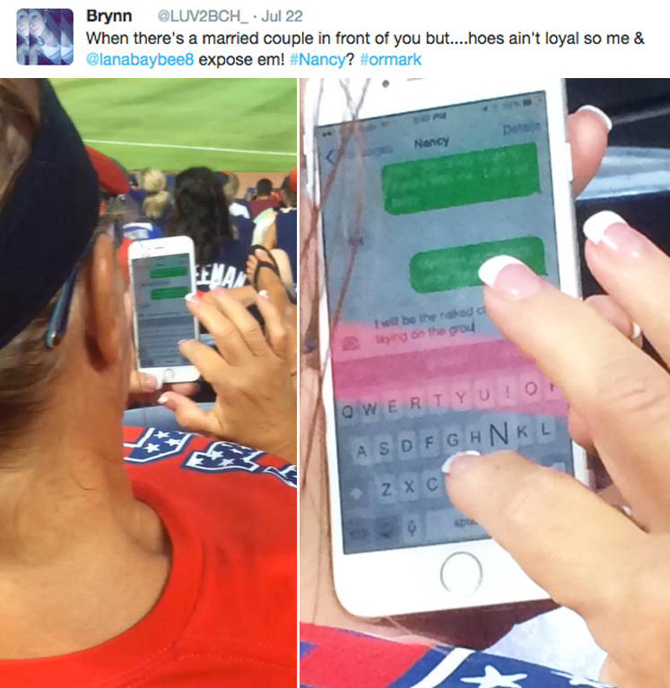Woman caught sexting while with her husband at the Braves, Dodgers game at Turner Field in Atlanta. Delana and Brynn Hinson posted images on social media showing what appeared to be a woman sexting someone who is not her husband. The Hinson sisters wrote a warning message to the husband, explaining "Your wife is cheating on you. look at the messages under Nancy," it said. "It's really a man named Mark Allen." She included a phone number and offered to send images of the texts in case they were deleted. The two wrote on Twitter that they handed the note to the man after the game, who looked at it, gave them a thumbs-up and later sent a text asking for the photo. Brynn also tweeted that she hadn't heard from the man since that text, so she doesn't know what happened next.