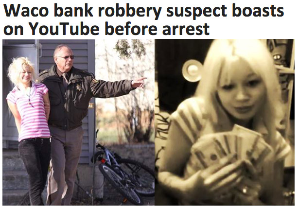 Hannah Sabata, 19, is taken into custody by York and Polk County Sheriff's Office members. She appears, in the same clothes, on a YouTube video called “Chick Bank Robber,”  https://www.youtube.com/watch?v=lAZoo5KRMZ4 bragging about robbing the Waco, Neb., bank and stealing a car.