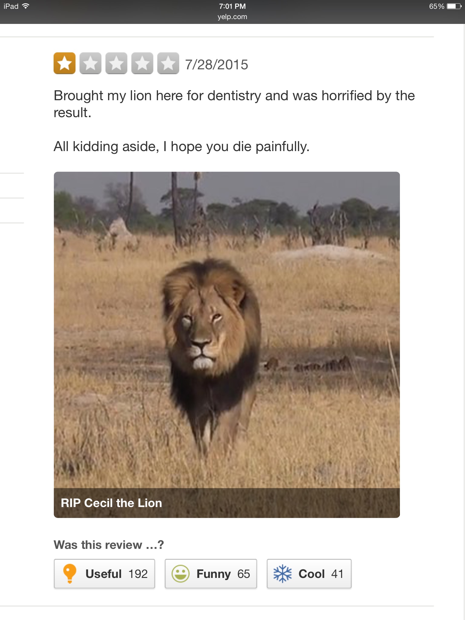 walter palmer dentist - iPad 65% 0 yelp.com Q 7 282015 Brought my lion here for dentistry and was horrified by the result. All kidding aside, I hope you die painfully. Rip Cecil the Lion Was this review ...? Useful 192 Funny 65 Cool 41