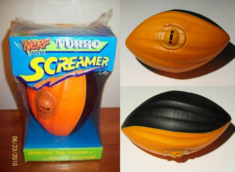 Nerf Turbo Screamer - What would a 90s list be without a Nerf football? The answer is incomplete. While technically made in 1989, this ball was a 90s standard. You could throw it far, and it was easy to catch, and if you knew when you threw it just right thanks to that amazing whistle! 