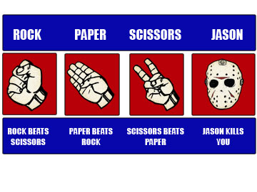ROCK PAPER SCISSORS JASON Yet another twisted T-shirt for an old game.