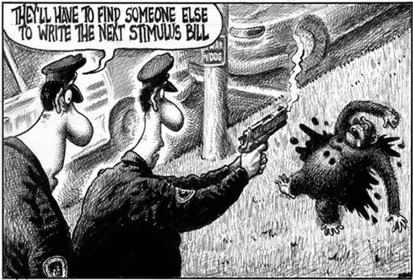 This cartoon image provided by the New York Post appeared in the Post's Page Six Wednesday, Feb. 18, 2009. The cartoon, which refers to Travis the chimp, who was shot to death by police in Stamford, Conn. on Monday after it mauled a friend of its owner, drew criticism Wednesday from civil rights activist the Rev. Al Sharpton