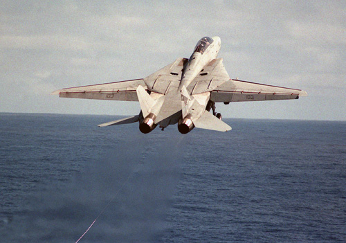 The F-14 Tomcat Fighter. The only jet ever to be capable of taking off from an aircraft carrier without using a catapult.