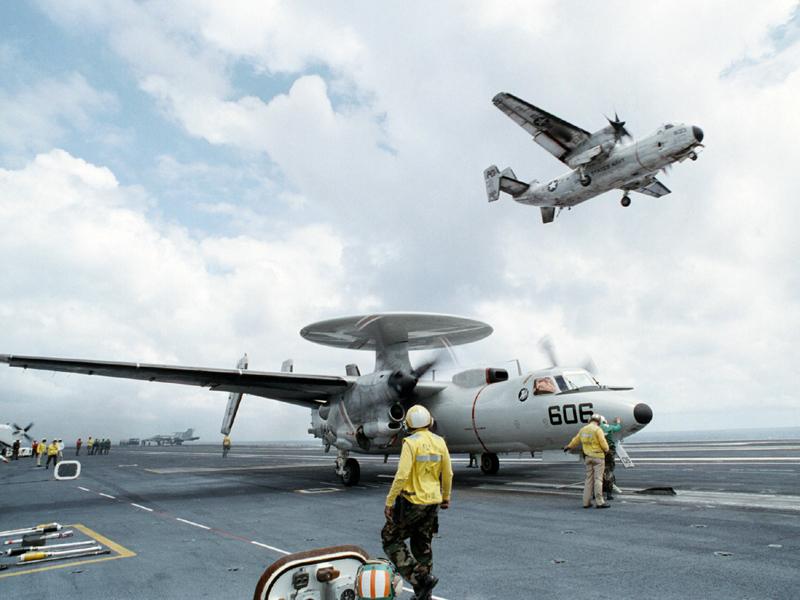 An E-2C Hawkeye prepares for takeoff.