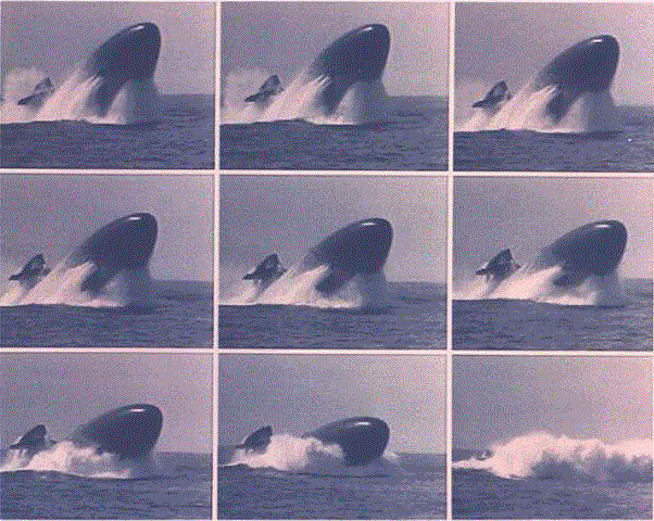 A collage of photos showing a submarine during an 'Emergency Surface.' This maneuver is not performed often because of the extreme stress it places on the hull.