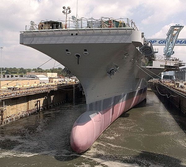 USS Kitty Hawk sits in drydock, during a seven month overhaul.