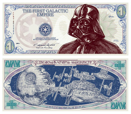 This is the way money looked a long time ago in a galaxy far, far away.

 As you can see, Vader opted for a helmet-on shot, which I think we can all agree, was the smart decision. Nobody wants to see your crusty-ass rutabaga head on their space bucks!

