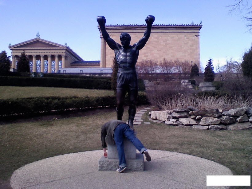 Serves him right for running head first into a bronze statue of Rocky.