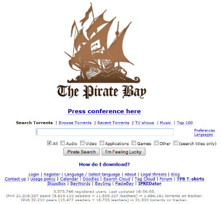 That's right folks, the four men Peter Sunde, Gottfrid Svartholm Warg, Fredrik Neij and Carl Lundstrom most intimately linked to The Pirate Bay, a torrent-tracking portal I know absolutely nothing about and have never visited except to take this screenshot, have been found guilty of breaching copyright laws and have been ordered to pay around 3.6 m