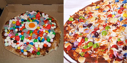 And for dessert... A pizza with chocolate sauce, marshmallows, M&Ms and gum drops!