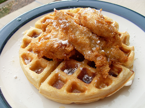 A waffle, with chicken.