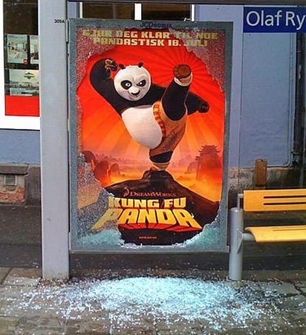 Kung Fu Panda comes to life as he breaks down the glass trying to escape.