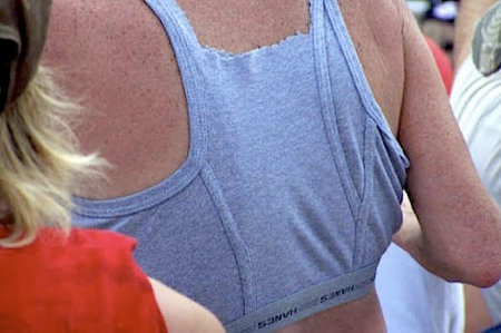 This picture, taken at what I assume was a NASCAR race, shows a redneck flaunting the latest in must-have summerwear, a, um, pair of underwear cut out to wear as a tank top. Unfortunately, there's no shot of what it looks like from the front, so we'll just have to use our imaginations. I'm imagining stained.