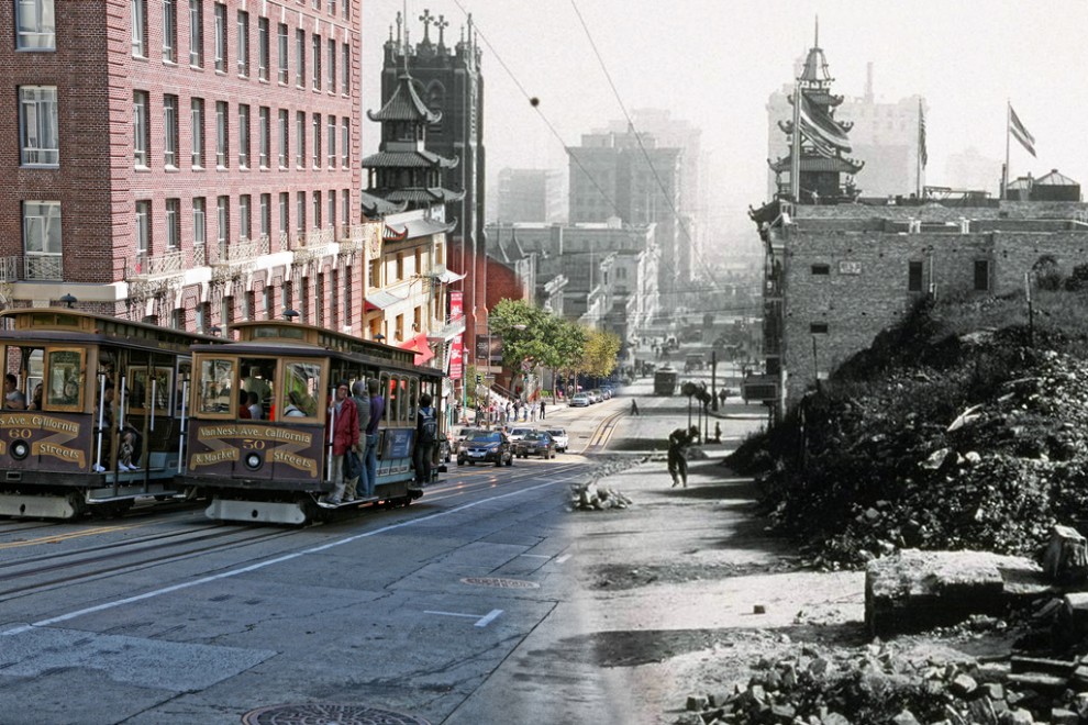 Passing cable cars offer a view of the destruction of California Street. Old St. Marys Cathedral has escaped destruction.	
