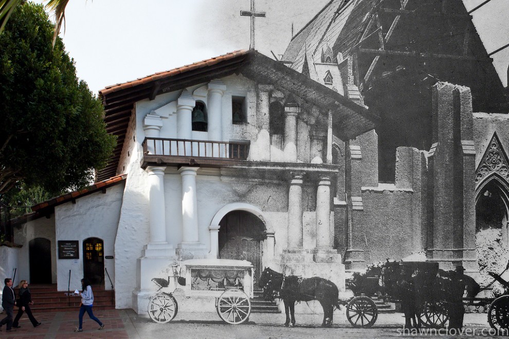 People stroll by the original adobe Mission Dolores which survived, while the brick church next door was destroyed.