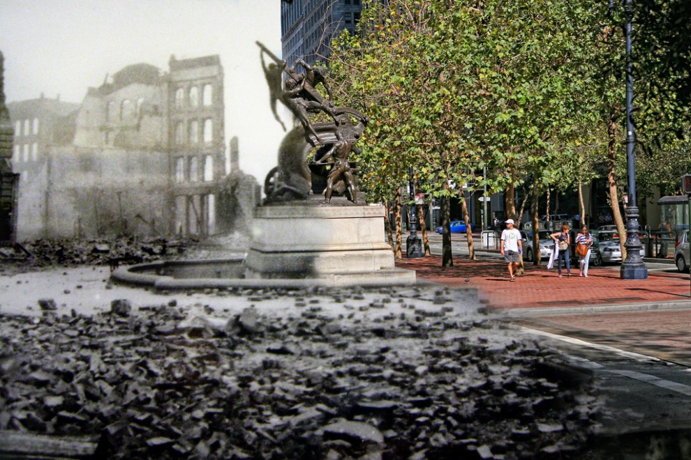 Pedestrians walk past Mechanics Monument at Bush Street and Battery Street while ghostly shells of buildings stand precariously in the background.