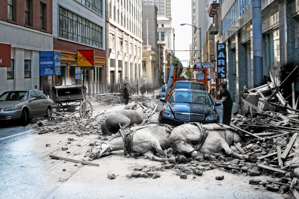 A women opens the door to her Mercedes on Sacramento Street while horses killed by falling rubble lie in the street.	