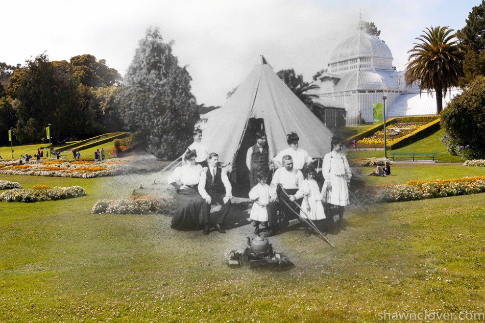 The Conservatory of Flowers stands undamaged as now-homeless citizens camp in a tent shelter.