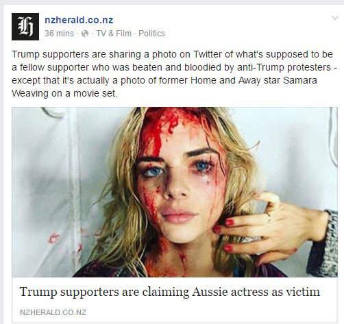 samara weaving hoax - nzherald.co.nz 36 mins Tv & Film Politics Trump supporters are sharing a photo on Twitter of what's supposed to be a fellow supporter who was beaten and bloodied by antiTrump protesters except that it's actually a photo of former Hom