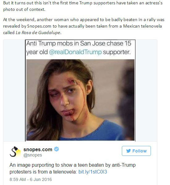 15 year old trump supporter attacked - But it turns out this isn't the first time Trump supporters have taken an actress's photo out of context. At the weekend, another woman who appeared to be badly beaten in a rally was revealed by Snopes.com to have ac
