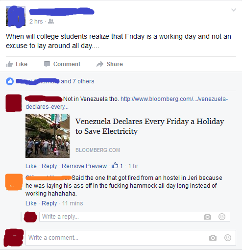 people getting called out on social media - 2 hrs When will college students realize that Friday is a working day and not an excuse to lay around all day.... Comment emand 7 others Not in Venezuela tho. declaresevery... Venezuela Declares Every Friday a H