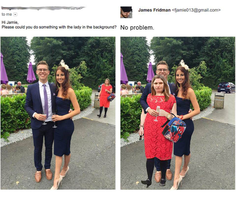 james fridman funny photoshop - James Fridman  to me Hi Jamie, Please could you do something with the lady in the background? No problem. Och 432