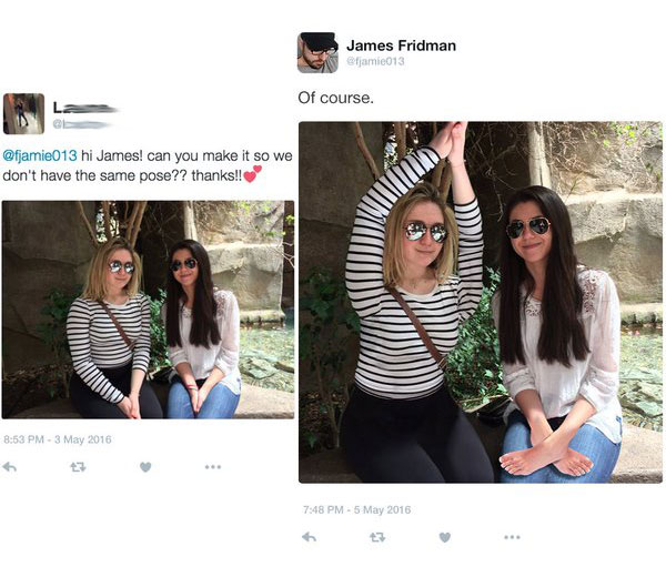 funny twitter photoshop guy - James Fridman fjamie013 Of course. hi James! can you make it so we don't have the same pose?? thanks!!