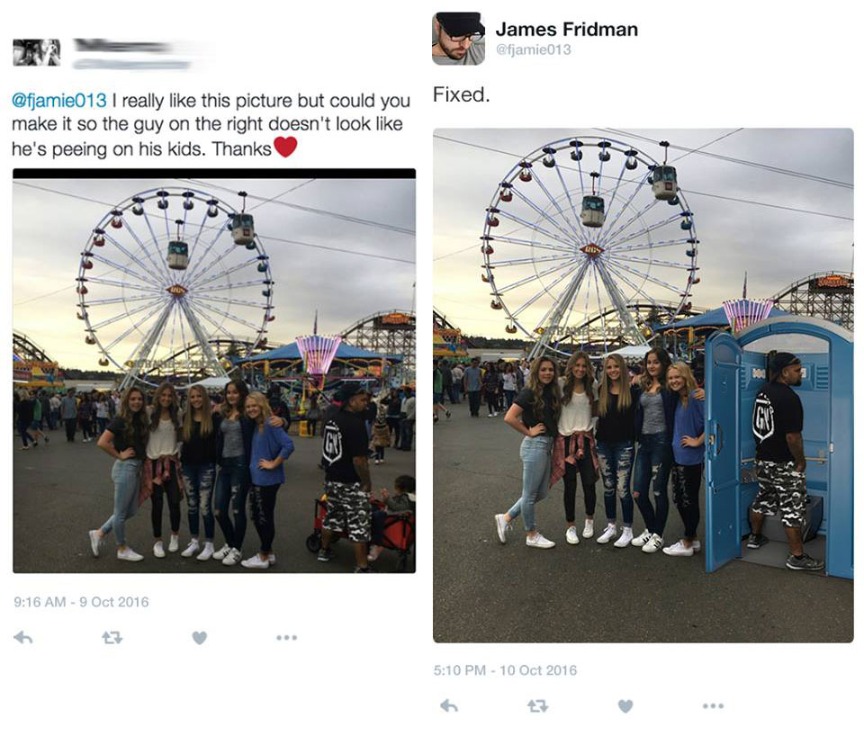 guy trolls people with photoshop on twitter - James Fridman Fixed. I really this picture but could you make it so the guy on the right doesn't look he's peeing on his kids. Thanks