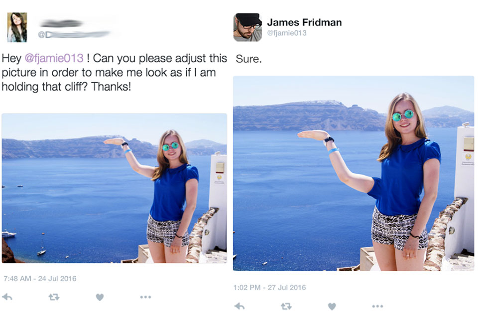 best photoshop trolls - James Fridman Hey ! Can you please adjust this Sure. picture in order to make me look as if I am holding that cliff? Thanks!