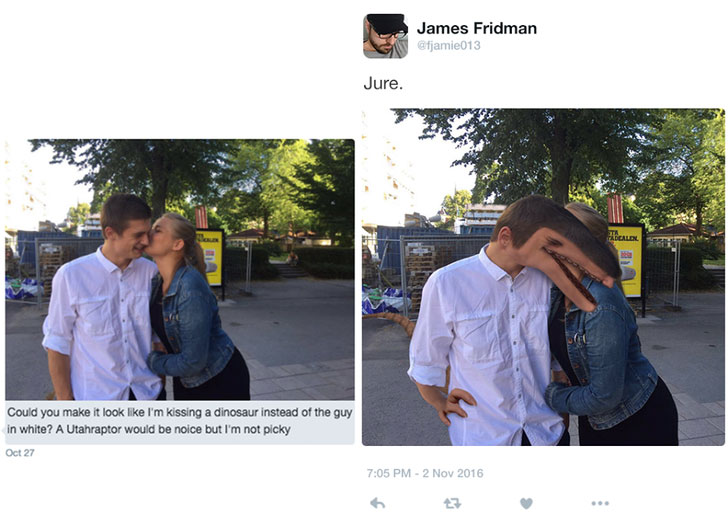 james fridman - James Fridman Jure. Holex Could you make it look I'm kissing a dinosaur instead of the guy in white? A Utahraptor would be noice but I'm not picky Oct 27