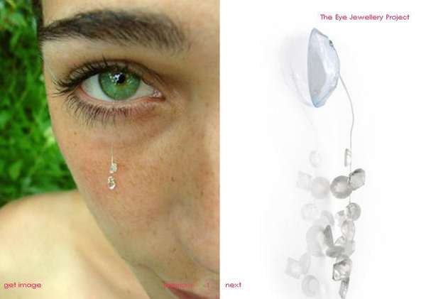 Contact lenses with decorative tears hanging from them.