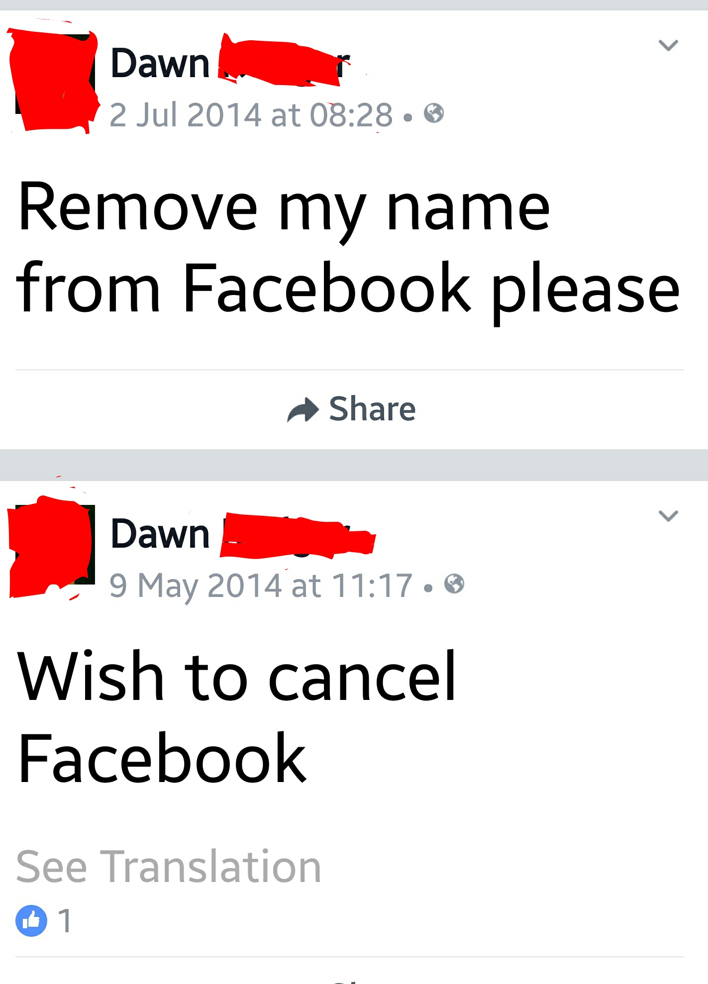 angle - Dawn at Remove my name from Facebook please ~ Dawn at Wish to cancel Facebook See Translation 01