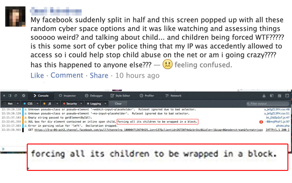 my facebook suddenly split in half - My facebook suddenly split in half and this screen popped up with all these random cyber space options and it was watching and assessing things soo000 weird? and talking about child... and children being forced Wtf????