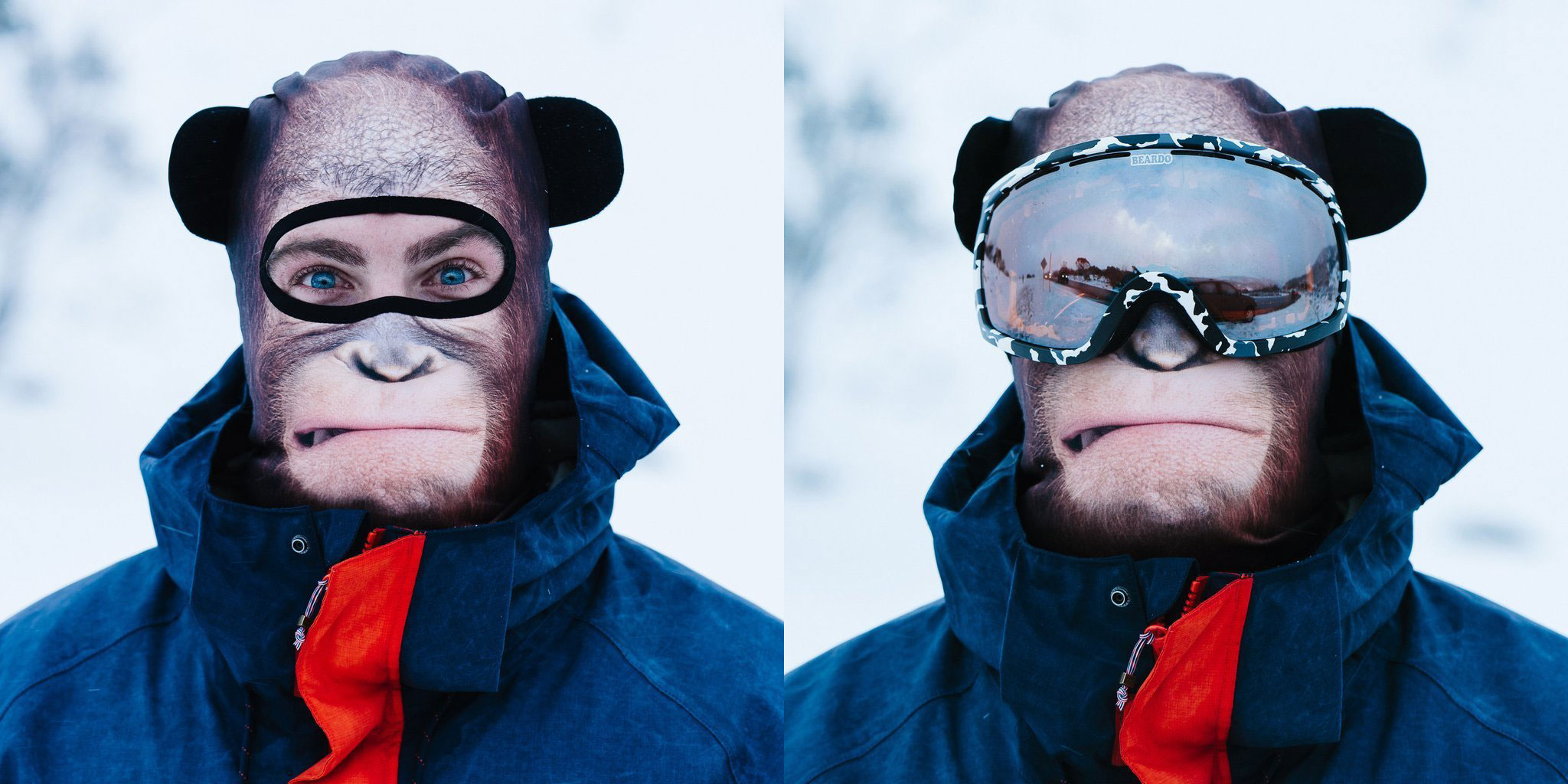 This realistic orangutan ski mask by Beardo, also comes in different animals (fox, red panda, dog, etc.) <br/><br/>It runs about <a href="https://amzn.to/2HssPDN">$37 on Amazon</a>.