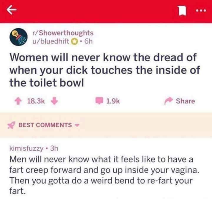 memes - web page - rShowerthoughts ubluedhift . 6h Women will never know the dread of when your dick touches the inside of the toilet bowl Best kimisfuzzy. 3h Men will never know what it feels to have a fart creep forward and go up inside your vagina. The