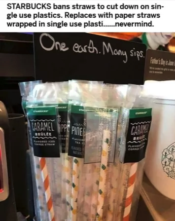 starbucks paper straws - Starbucks bans straws to cut down on sin gle use plastics. Replaces with paper straws wrapped in single use plasti......nevermind. One earth. Many sips. Fale by die Pinel