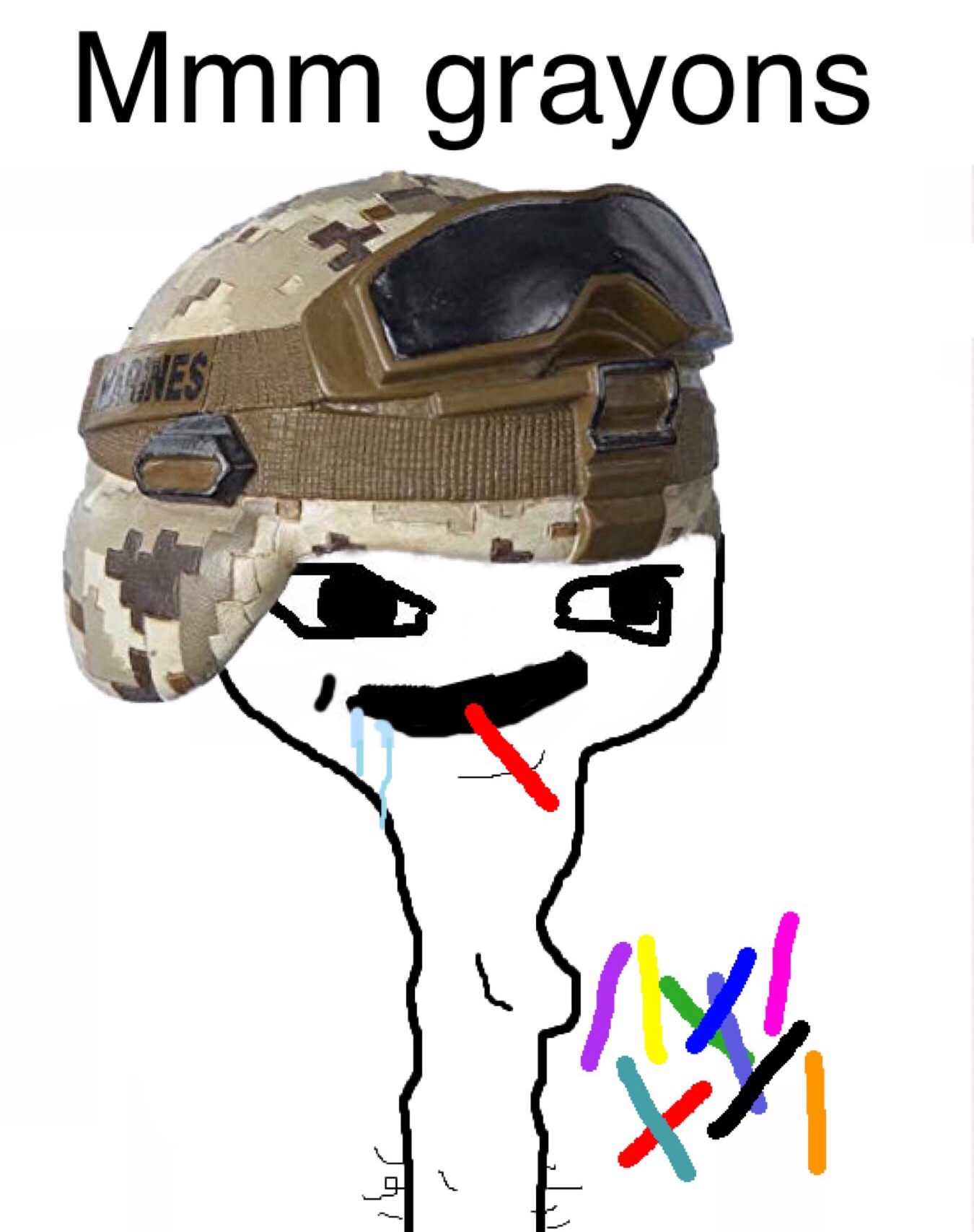 mmmm grayons meme with a military helmet on.