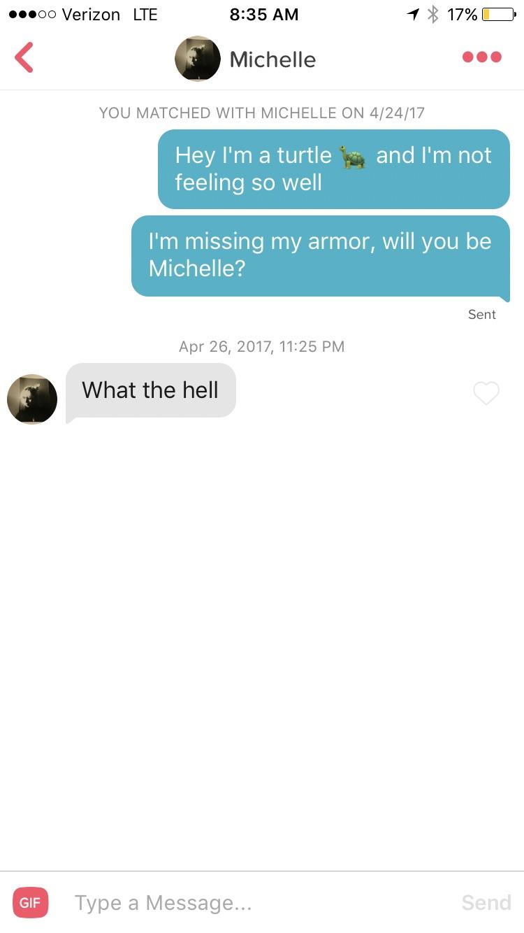tinder - michelle turtle joke - ...00 Verizon Lte 1 17% O Michelle You Matched With Michelle On 42417 and I'm not Hey I'm a turtle feeling so well I'm missing my armor, will you be Michelle? Sent , What the hell Gif Type a Message... Send