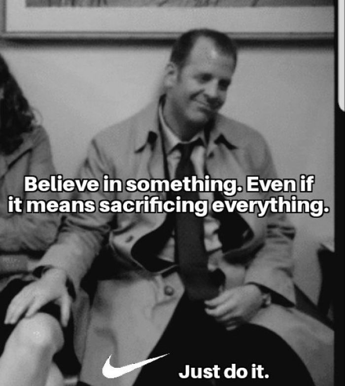 Toby from The Office grabbing Pam's knee with the text 'Believe in something. Even if it means sacrificing everything'