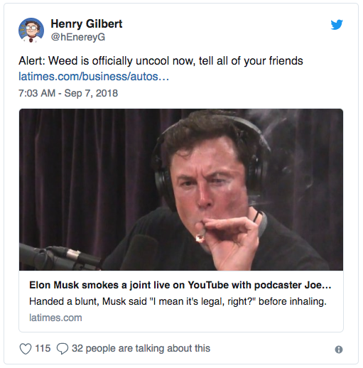 elon musk smoking joint - Henry Gilbert Alert Weed is officially uncool now, tell all of your friends latimes.combusinessautos... Elon Musk smokes a joint live on YouTube with podcaster Joe... Handed a blunt, Musk said "I mean it's legal, right?" before i