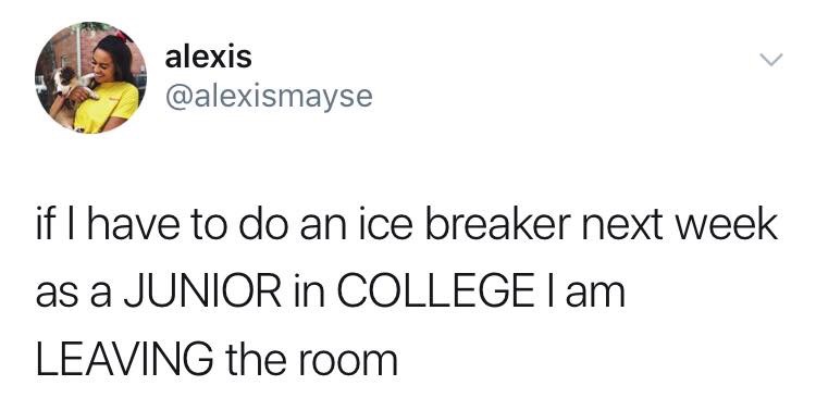 alexis if I have to do an ice breaker next week as a Junior in College I am Leaving the room