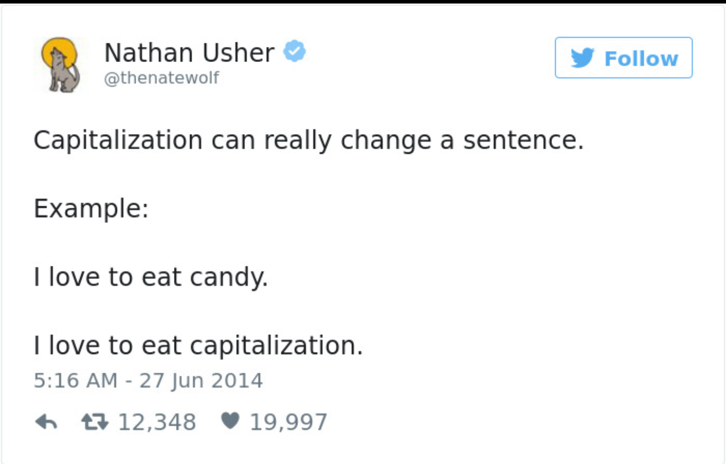 Mean - Nathan Usher Capitalization can really change a sentence. Example I love to eat candy. I love to eat capitalization. 27 12,348 19,997