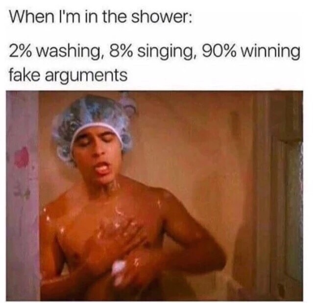 dank meme - fake argument memes - When I'm in the shower 2% washing, 8% singing, 90% winning fake arguments