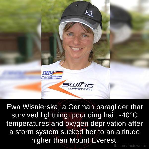 Dha Nacino Boa Ta Swing Competit Ewa Winierska, a German paraglider that survived lightning, pounding hail, 40C temperatures and oxygen deprivation after a storm system sucked her to an altitude higher than Mount Everest. fb.comfactsweird